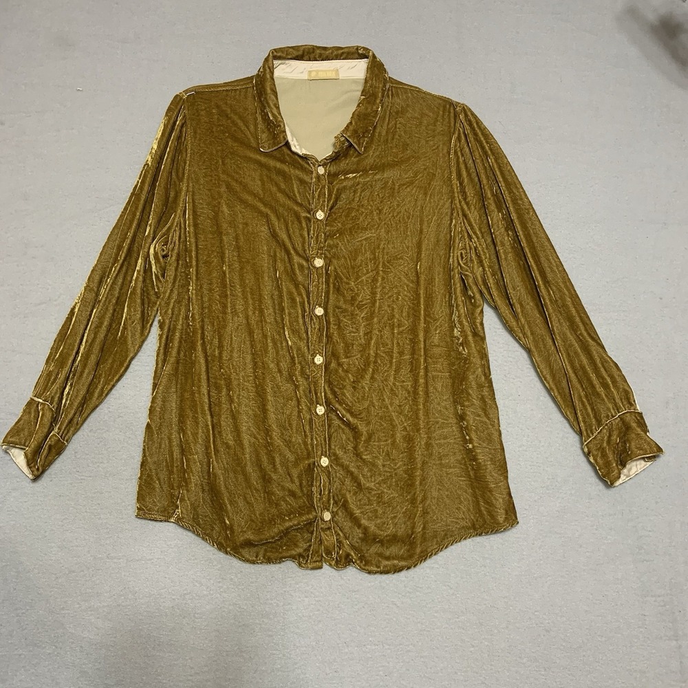 CP Shades Soft Velvet Button Front Shirt Silk Blend Gold Long Sleeve Large